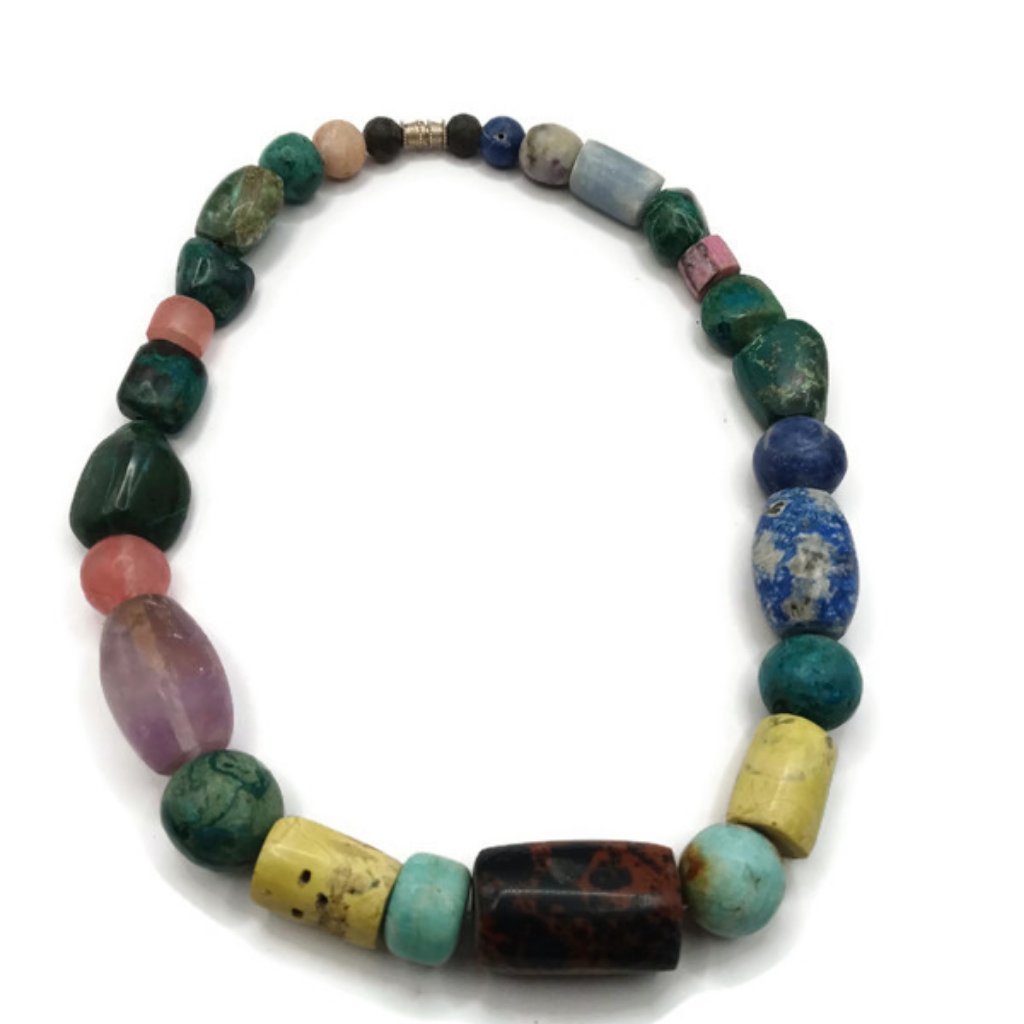 Unisex Handmade Necklace Carved In Turquoise Jade And Tourmaline Natural Stone